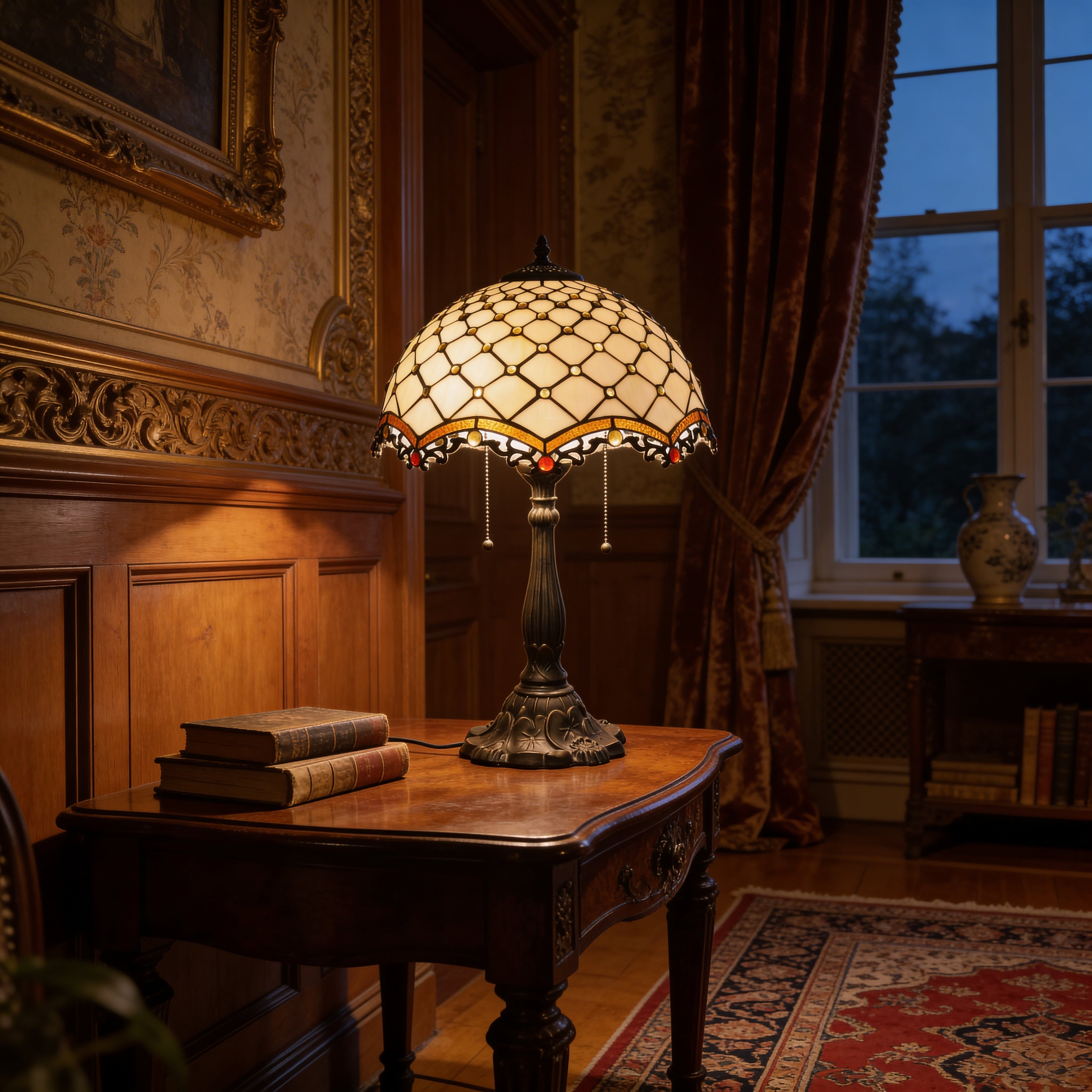 Tiffany Table Lamp - Ivory Pearl Canopy 16"