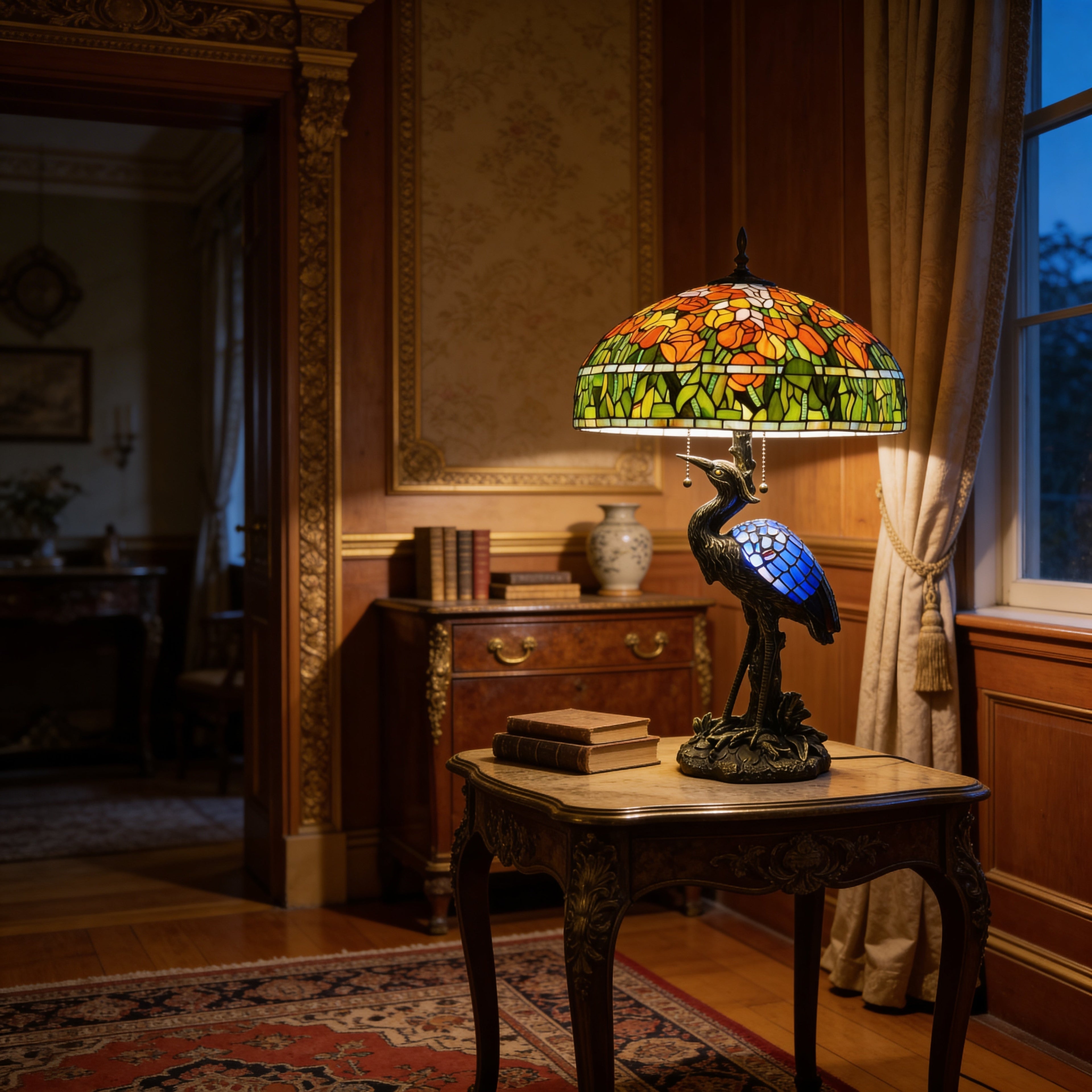 Tiffany Table Lamp - Amber Meadow Heron 20"