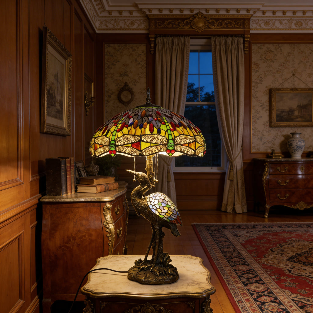 Tiffany Table Lamp - Golden Heron Dragonfly 20"