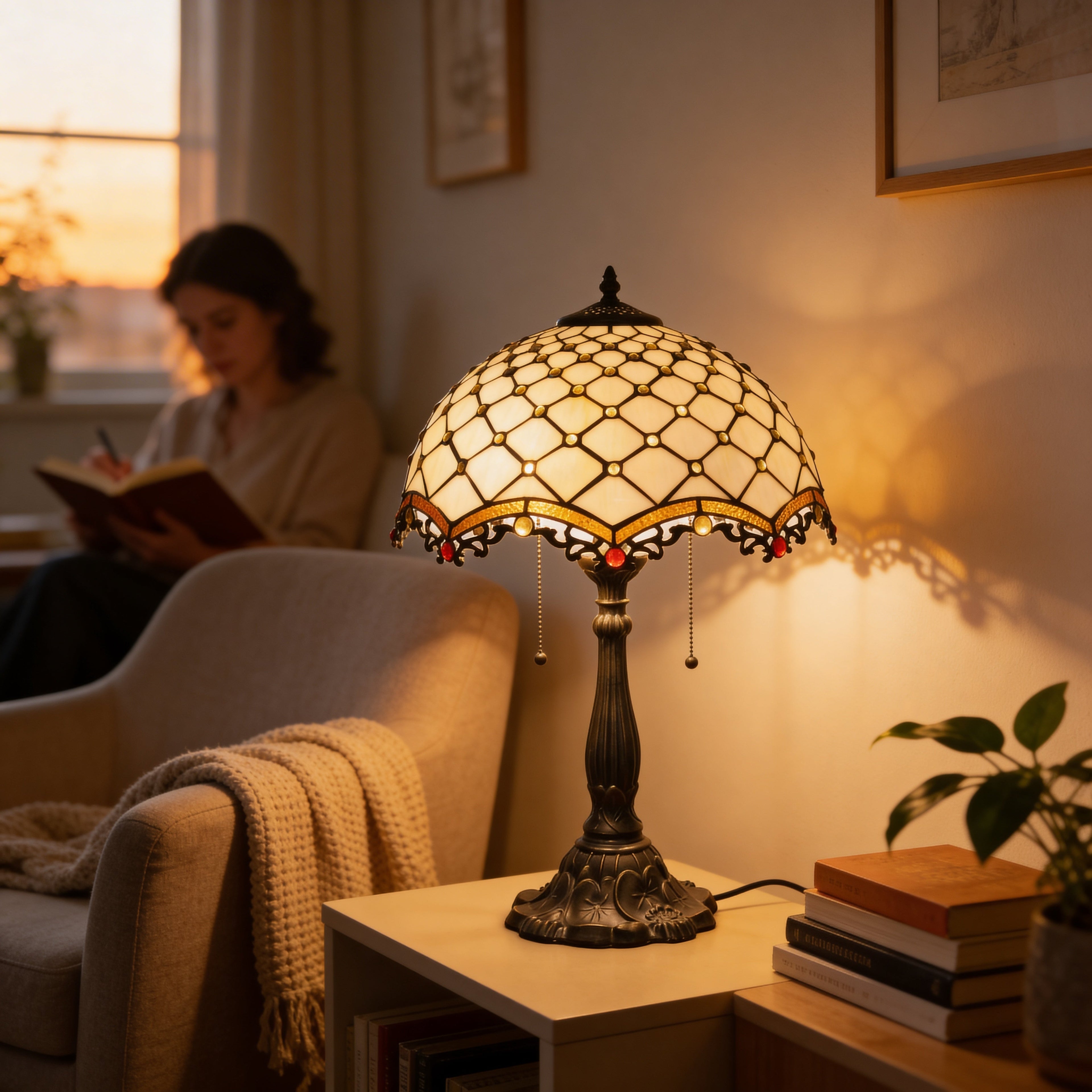 Tiffany Table Lamp - Ivory Pearl Canopy 16"