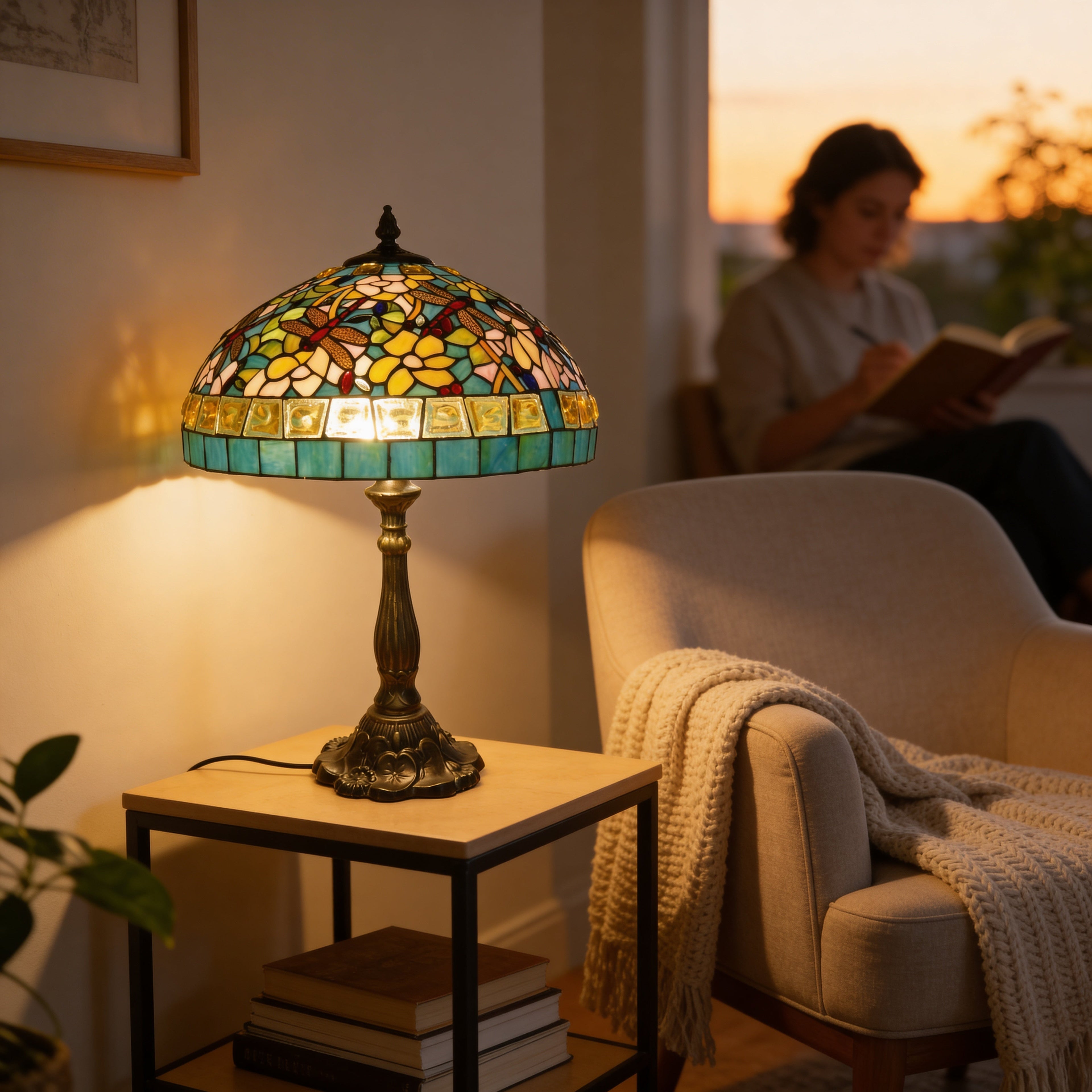 Tiffany Table Lamp - Emerald Dragonfly 18"