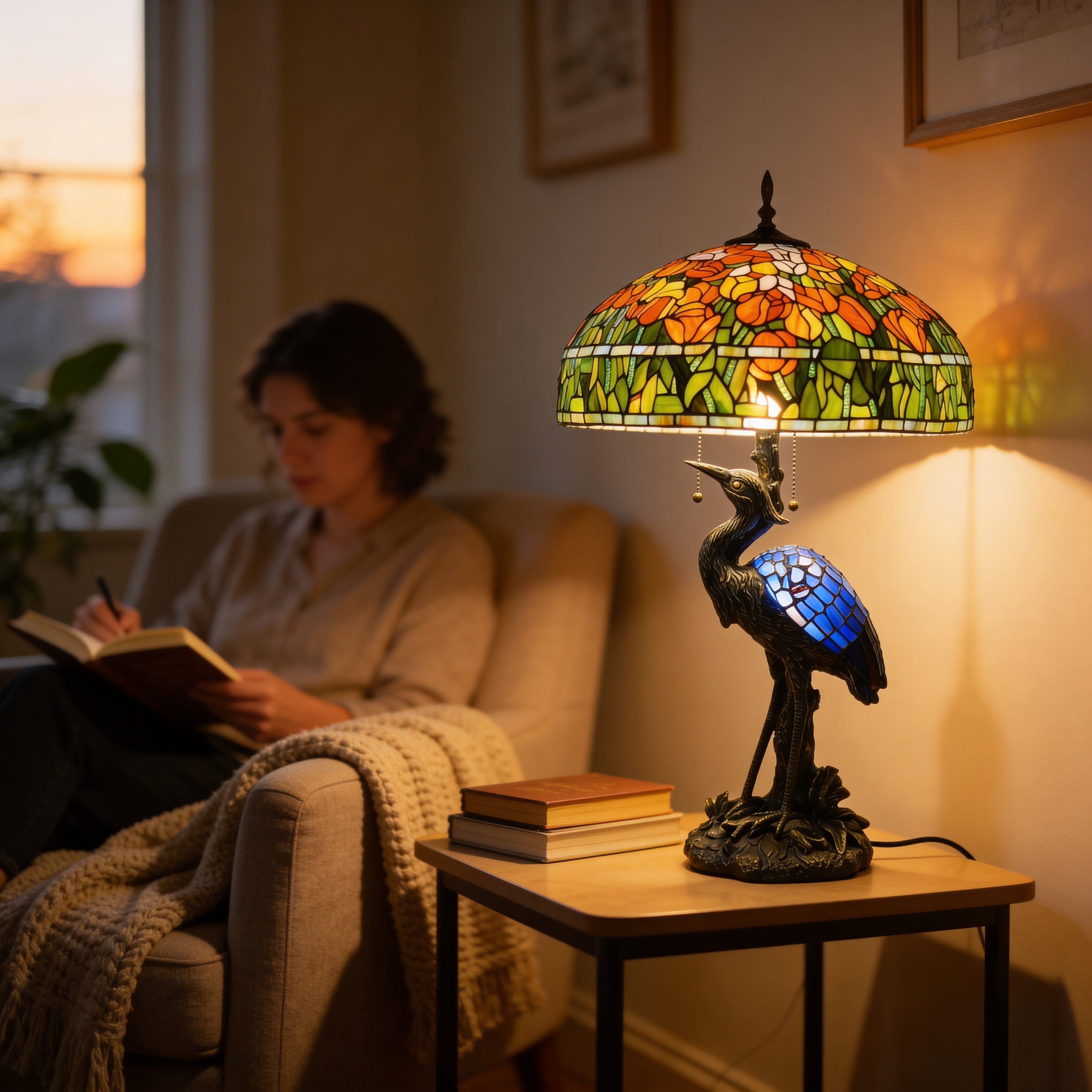 Tiffany Table Lamp - Amber Meadow Heron 20"