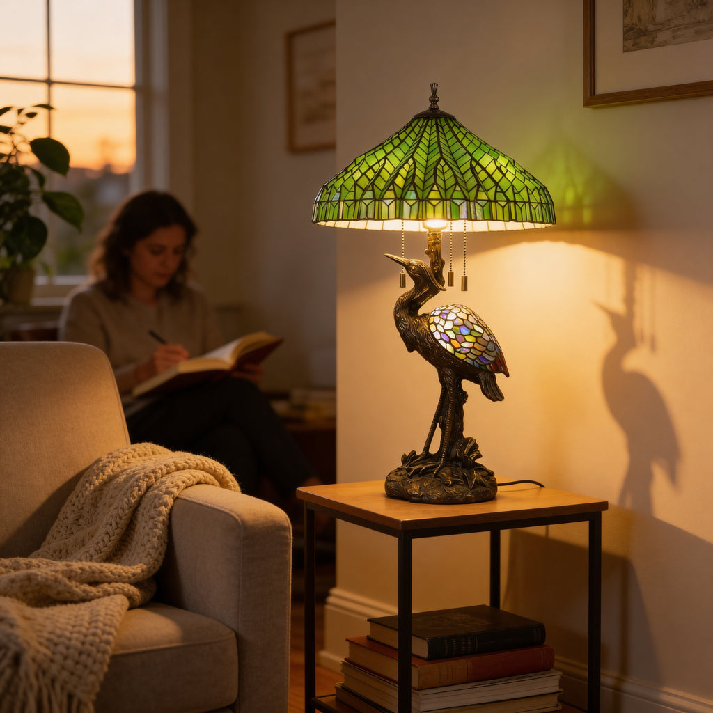 Tiffany Table Lamp - Emerald Canopy Heron 20"