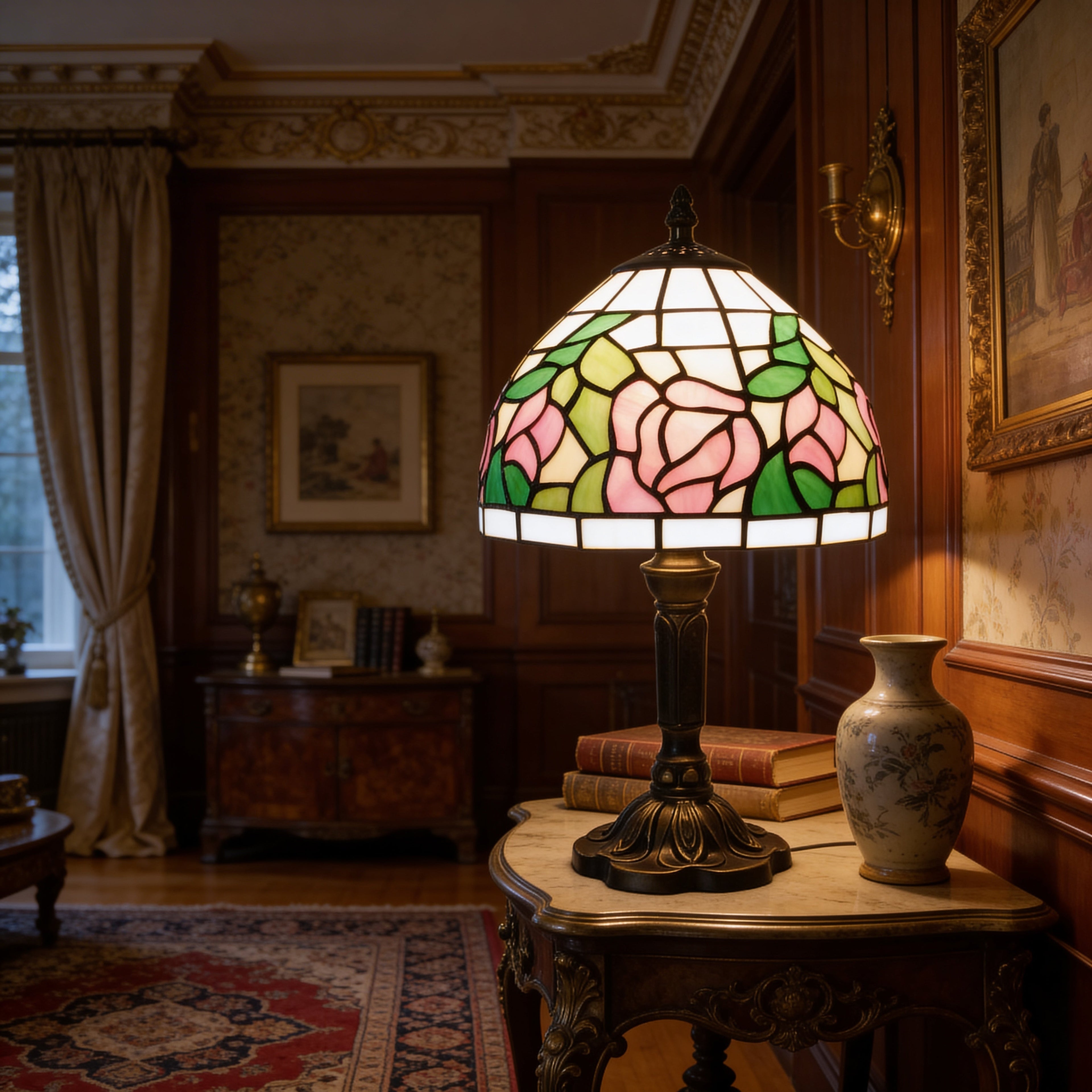 Tiffany Table Lamp - Pink Rose 8"