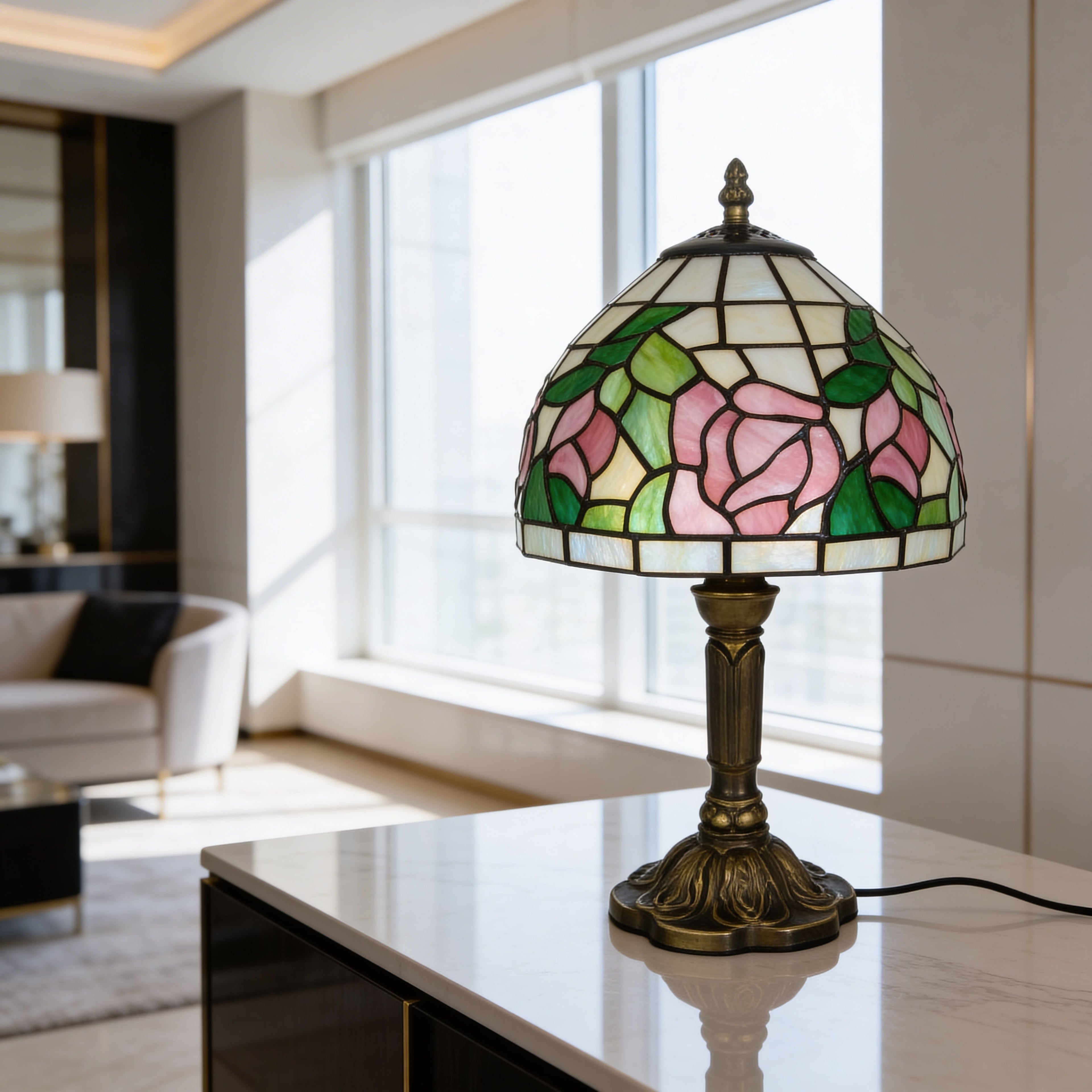 Tiffany Table Lamp - Pink Rose 8"